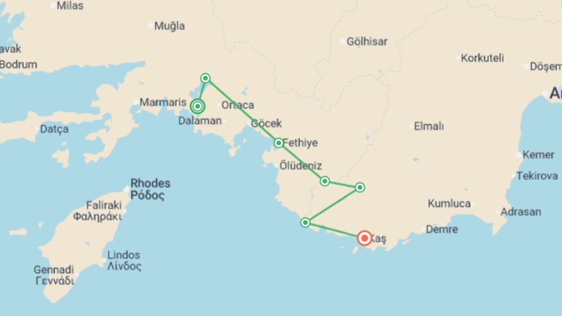 A map showing the tour itinerary for the trip: Cycle Turkey, starting in Dalyan, Turkey and ending in Kas, Turkey going through 6 other destinations.