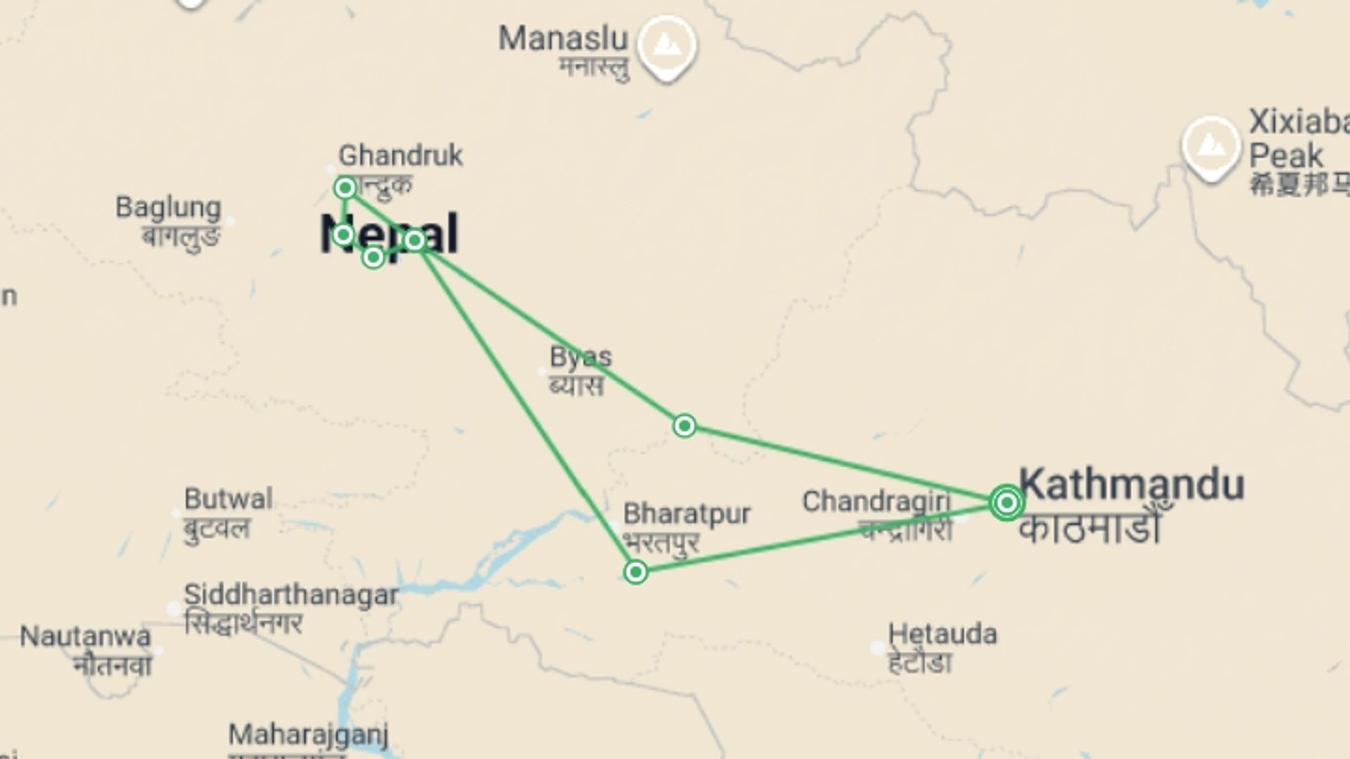 A map showing the tour itinerary for the trip: Walking the Annapurna Foothills, starting in Kathmandu, Nepal and ending in Kathmandu, Nepal going through 6 other destinations.