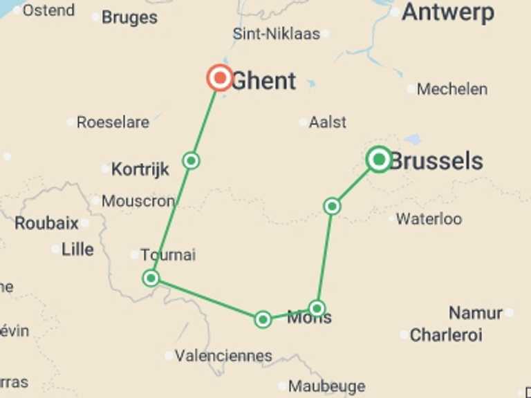 Map itinerary of Europe Tour in October 2026 with 7 destination visits for the trip: Indulge in Art, Heritage, and Flavors on a Cruise along Belgian Canals (port-to-port cruise)
