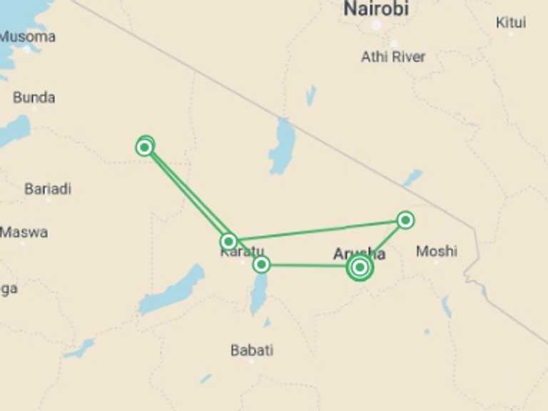 Map of a Wildlife safaris and game drives Tour with 7 destination visits for the trip: 4 Days Serengeti, Manyara, Ngorongoro Safari Tour