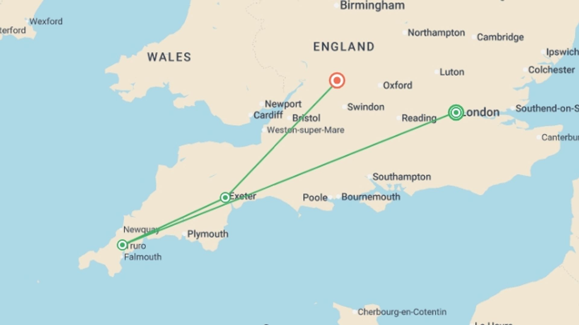 A map showing the tour itinerary for the trip: Shades of the English Countryside featuring London, Cornwall & The Cotswolds, starting in London, England and ending in Cotswolds, England going through 2 other destinations.