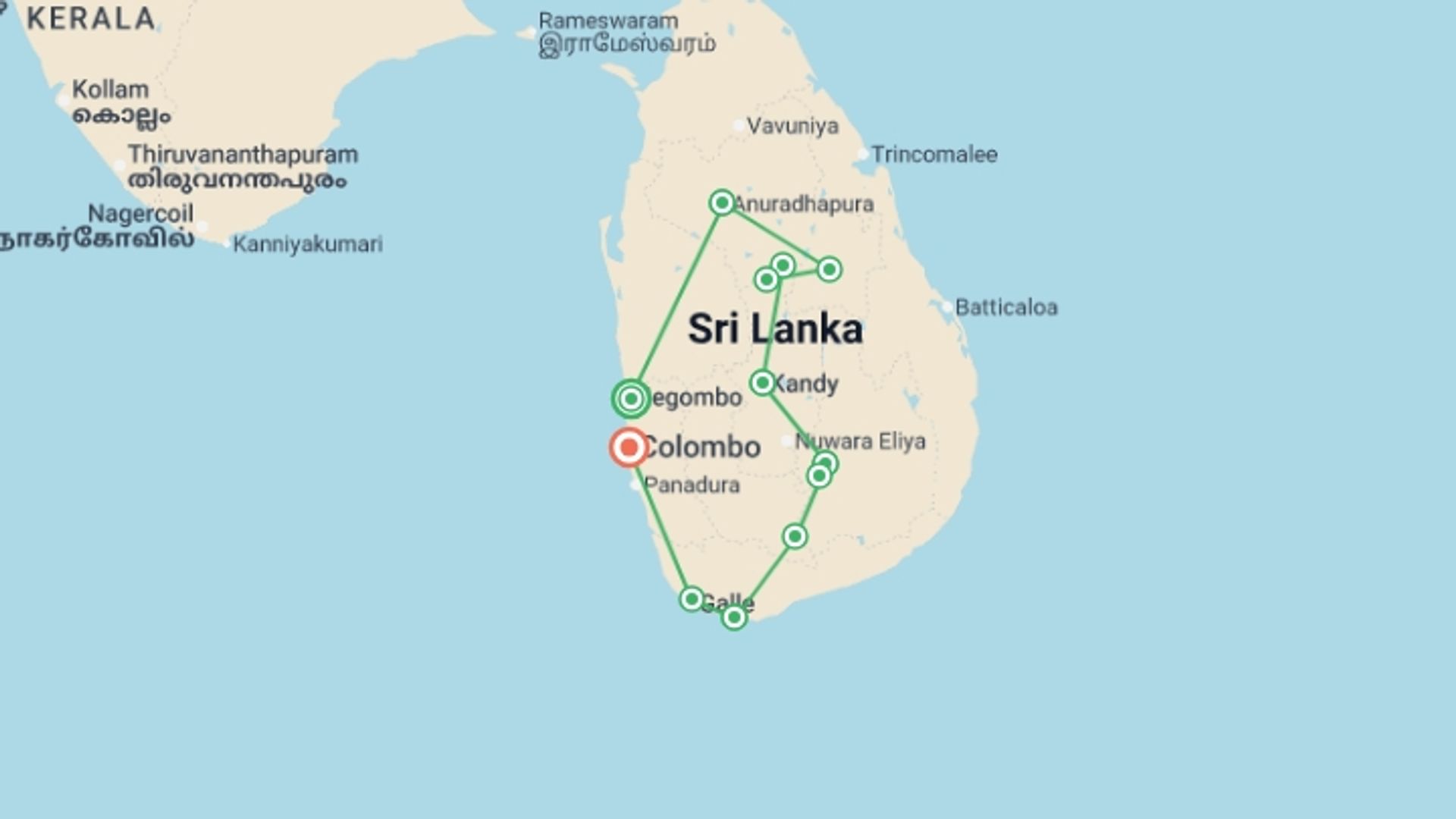 A map showing the tour itinerary for the trip: Best of Sri Lanka, starting in Negombo, Sri Lanka and ending in Colombo, Sri Lanka going through 8 other destinations.