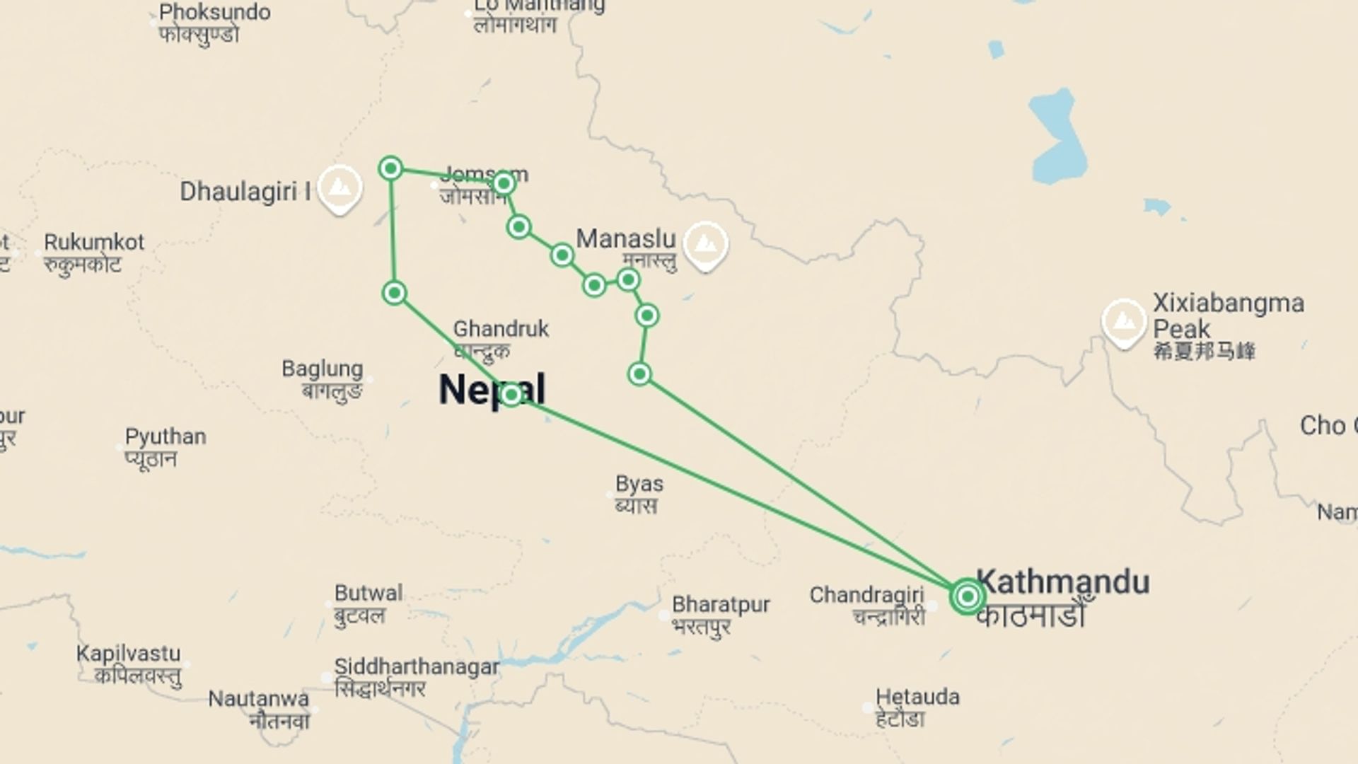 A map showing the tour itinerary for the trip: Annapurna Circuit Trek 16D/15N (From Kathmandu), starting in Kathmandu, Nepal and ending in Kathmandu, Nepal going through 10 other destinations.