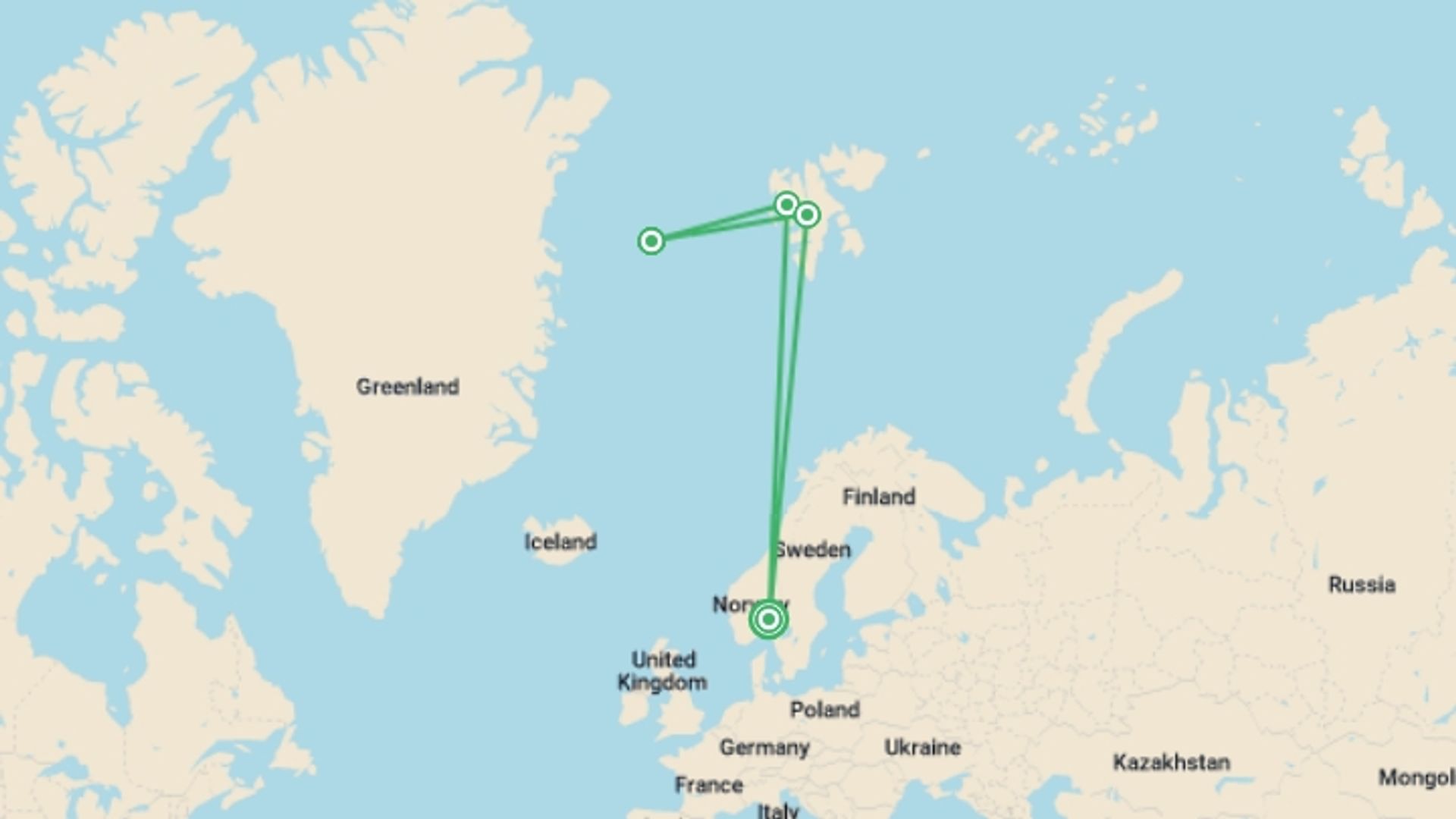 A map showing the tour itinerary for the trip: Spitsbergen, Greenland and Iceland - M/V Sylvia Earle, starting in Oslo, Norway and ending in Reykjavik, Iceland going through 3 other destinations.