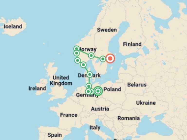 Map of Europe Tour with 7 destination visits for the trip: Northern Germany and Scandinavia, Ending in Stockholm
