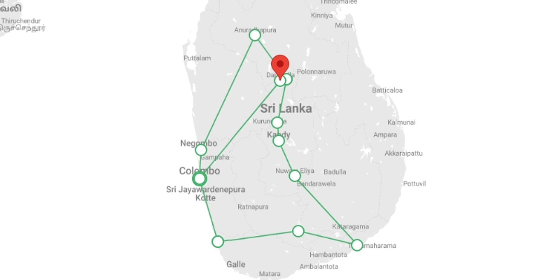 A map showing the tour itinerary for the trip: PREMIUM SRI LANKA SMALL GROUP TOUR, starting in Colombo, Sri Lanka and ending in Dambulla, Sri Lanka going through 6 other destinations.