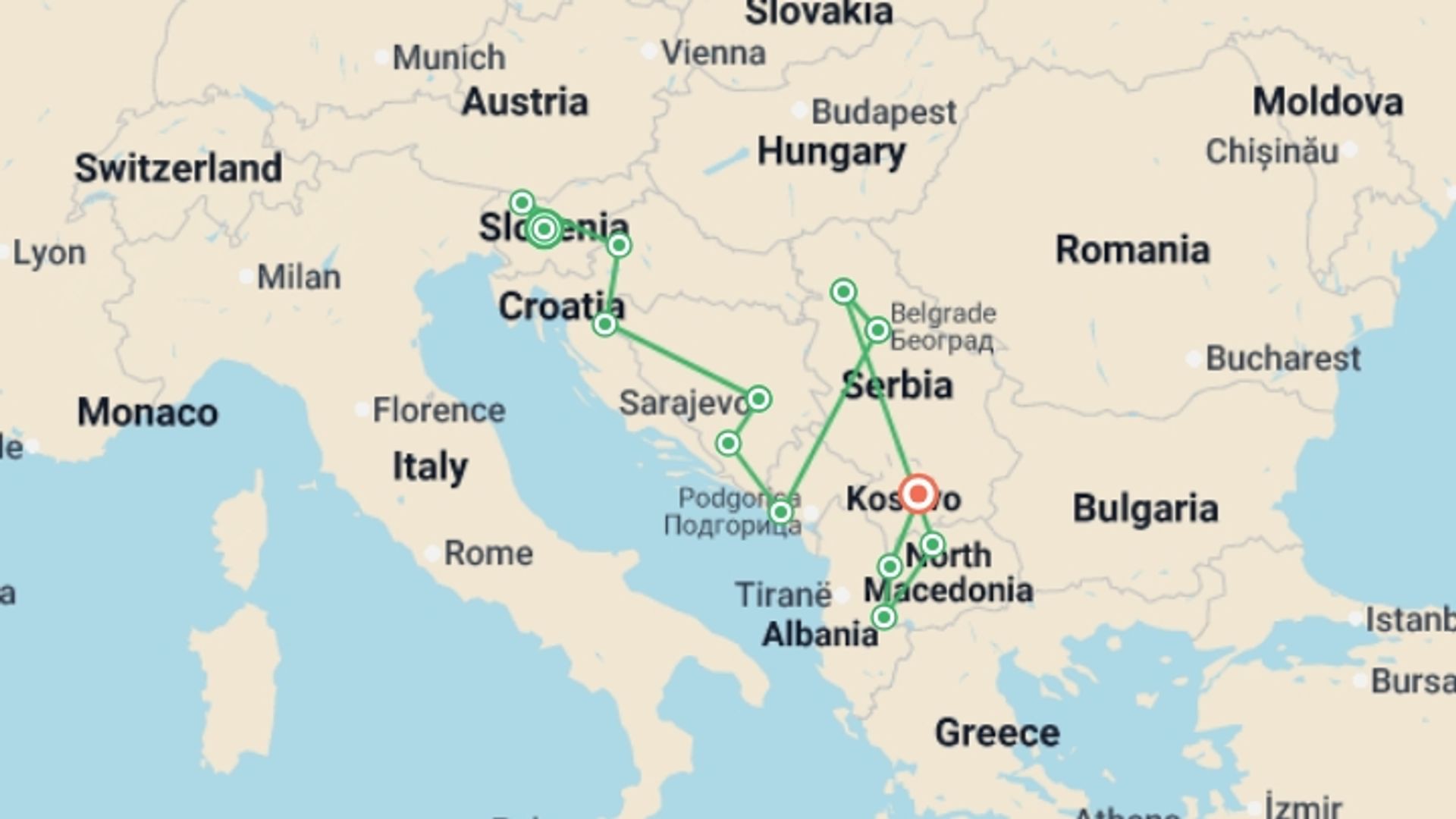 A map showing the tour itinerary for the trip: Balkans Rail Adventure, starting in Ljubljana, Slovenia and ending in Pristina, Kosovo going through 11 other destinations.