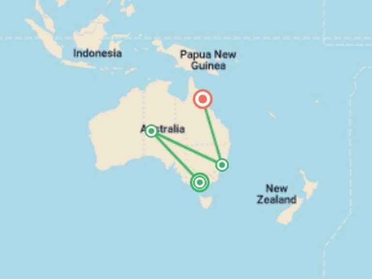 Map of Australia Tour with 5 destination visits for the trip: Journeys: Discover Australia