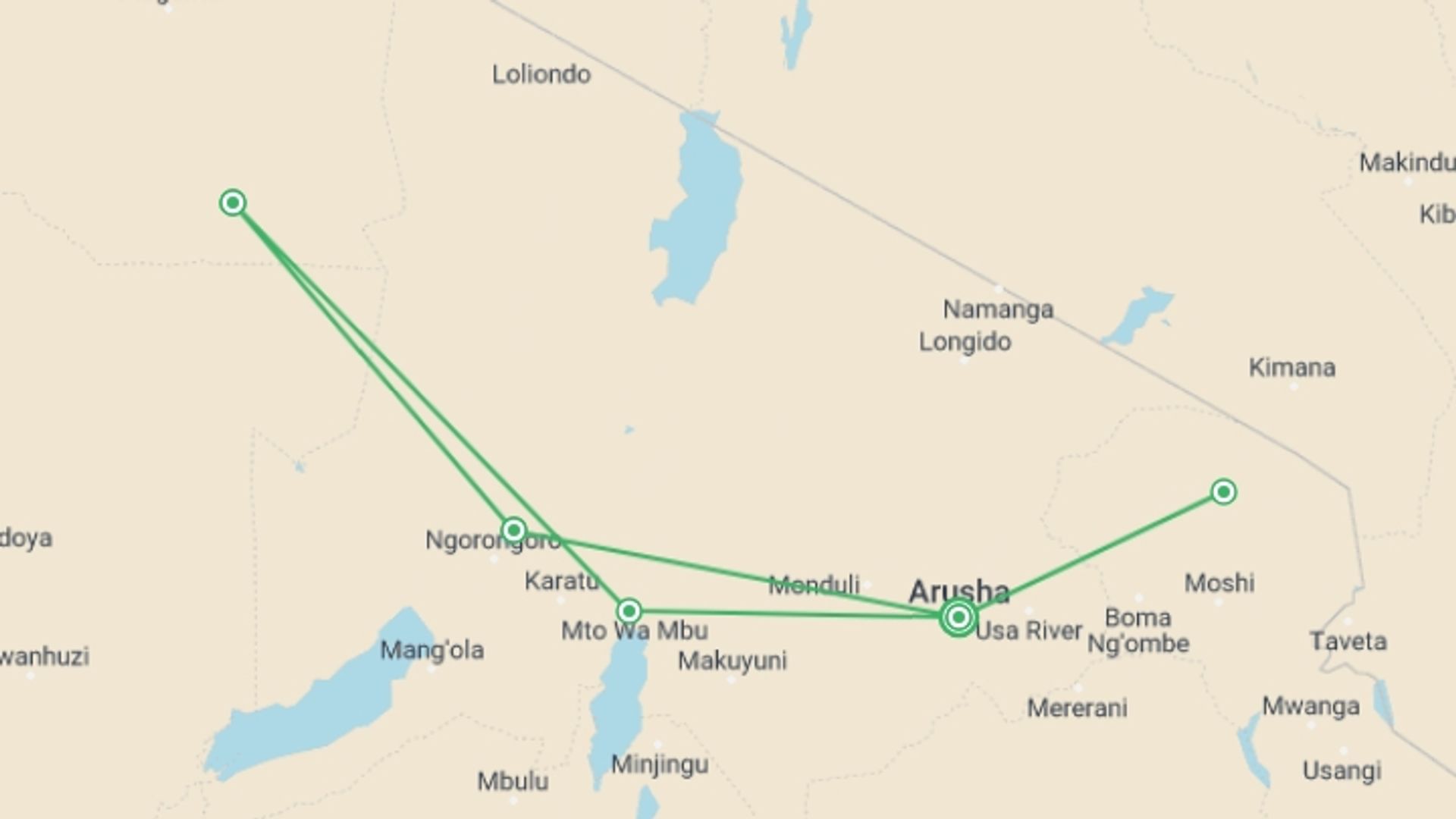 A map showing the tour itinerary for the trip: Kifaru Safari, Serena Lodges - Private Tour, starting in Arusha, Tanzania and ending in Arusha, Tanzania going through 4 other destinations.
