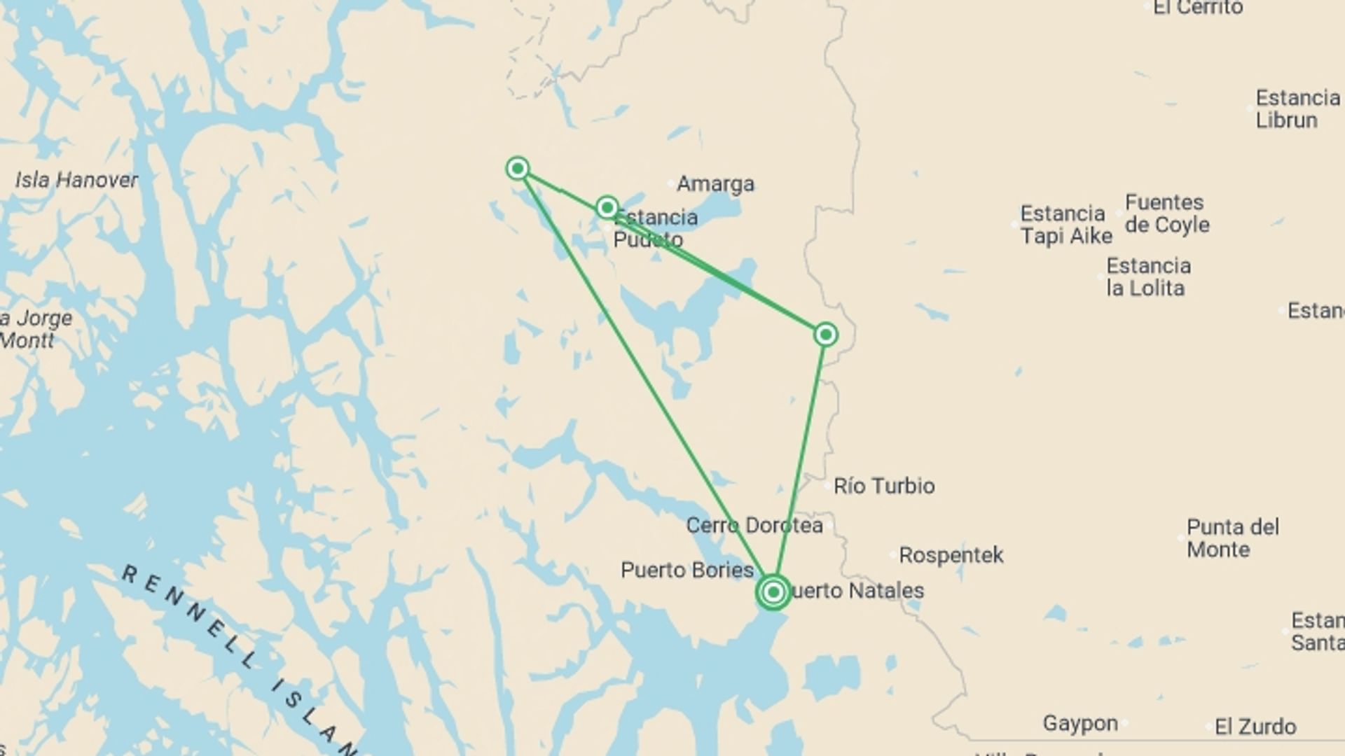 A map showing the tour itinerary for the trip: Torres del Paine Guided W Express Trek 4D/3N, starting in Puerto Natales, Chile and ending in Puerto Natales, Chile going through 4 other destinations.