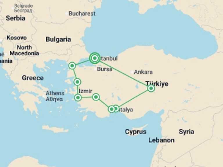 Map itinerary of Europe Tour in May 2026 with 8 destination visits for the trip: Glories of Turkey Tour