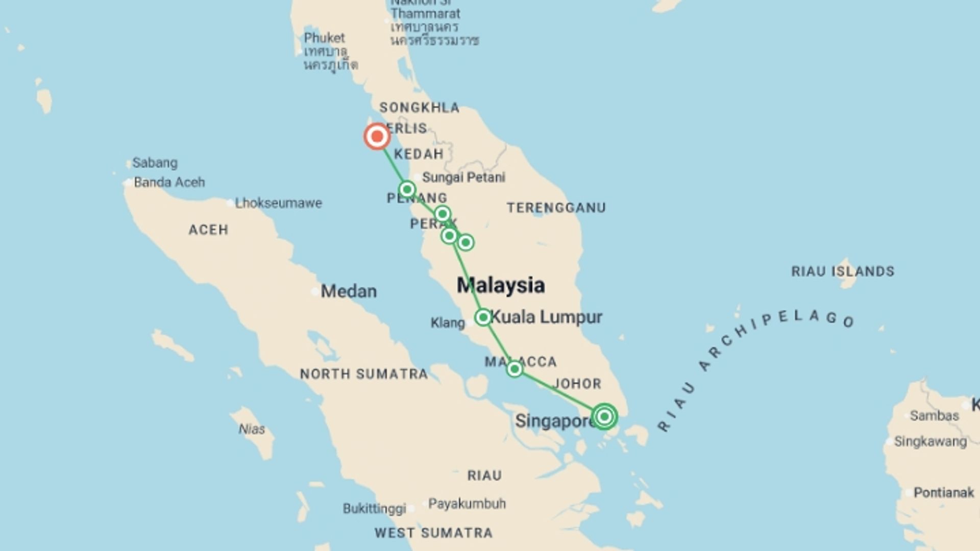 A map showing the tour itinerary for the trip: Malaysia and Singapore Explorer, starting in Singapore, Singapore and ending in Langkawi, Malaysia going through 5 other destinations.