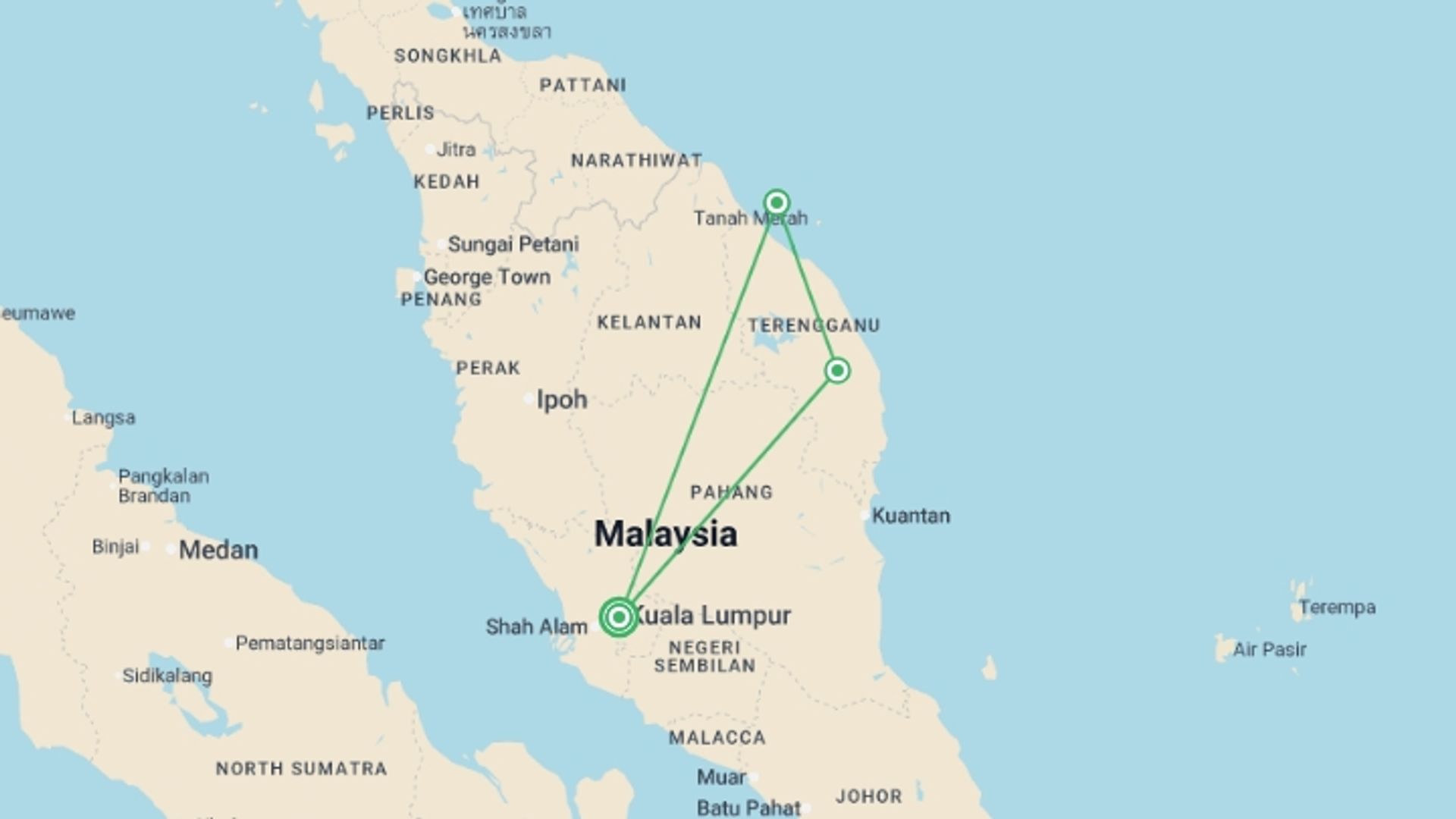 A map showing the tour itinerary for the trip: Kuala Lumpur & Beach - 13 days, starting in Kuala Lumpur, Malaysia and ending in Kuala Lumpur, Malaysia going through 2 other destinations.