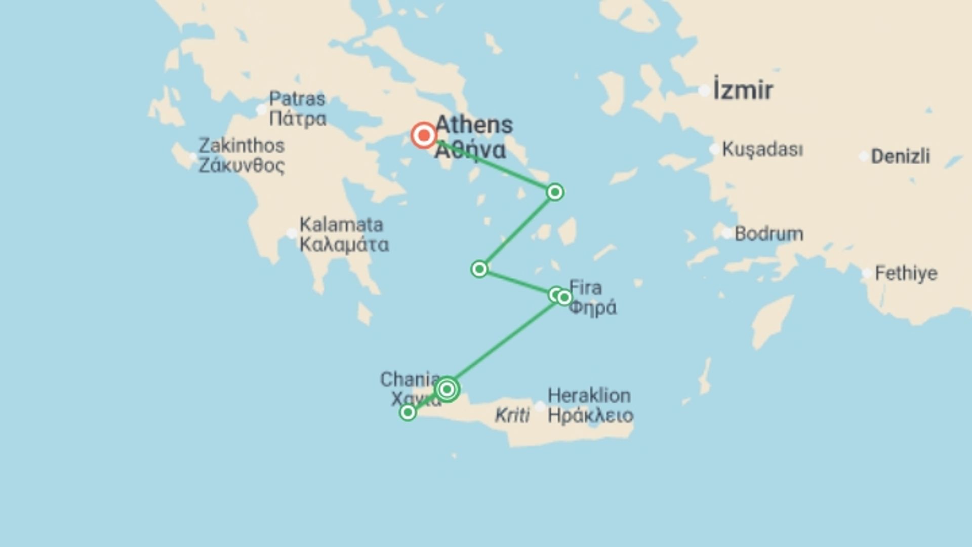 A map showing the tour itinerary for the trip: Greece: See & Experience it all in 11 days, Luxury Tour , starting in Chania, Greece and ending in Athens, Greece going through 5 other destinations.
