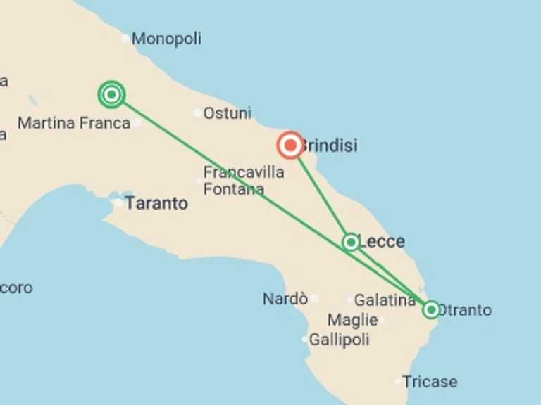 Map itinerary of Italy Tour in June 2026 with 4 destination visits for the trip: 7-day Puglia Essence: Alberobello, Otranto And Lecce, Private Tour