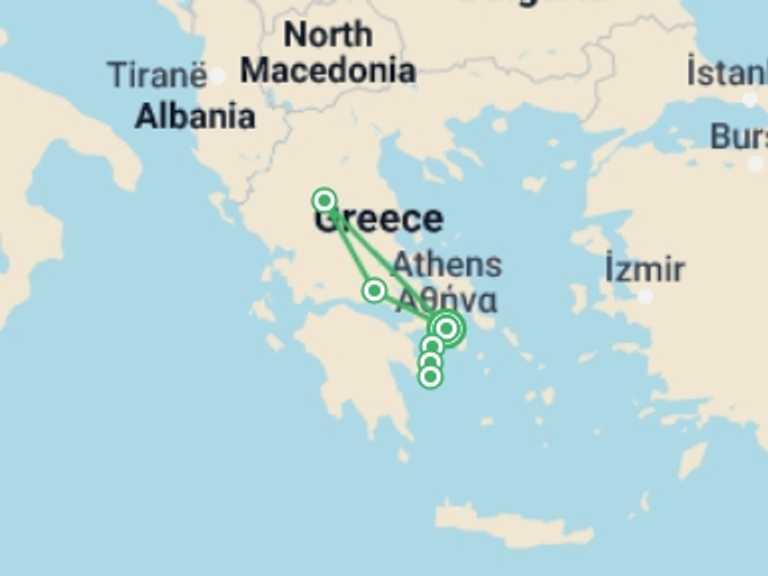 Map of 5-Day Athens Tour with 2 destination visits for the trip: Dreaming Of Classical Greece, Spanish-speaking Guide