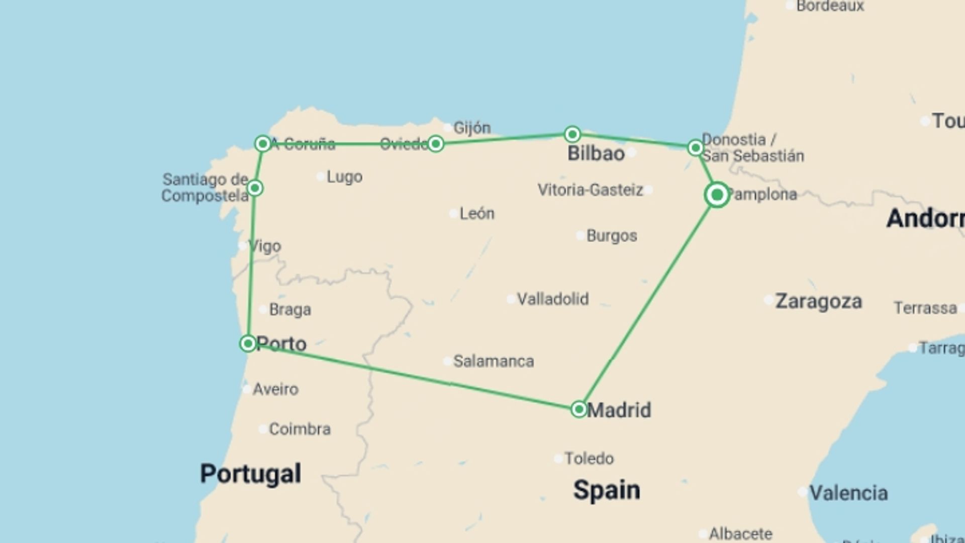 A map showing the tour itinerary for the trip: 8 Days North Of Spain From Madrid (c780), starting in Madrid, Spain and ending in Madrid, Spain going through 7 other destinations.