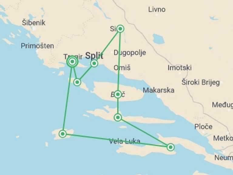 Map of Croatia Sailing, yachting and motor boating Tour with 6 destination visits for the trip: Croatia Family Adventure