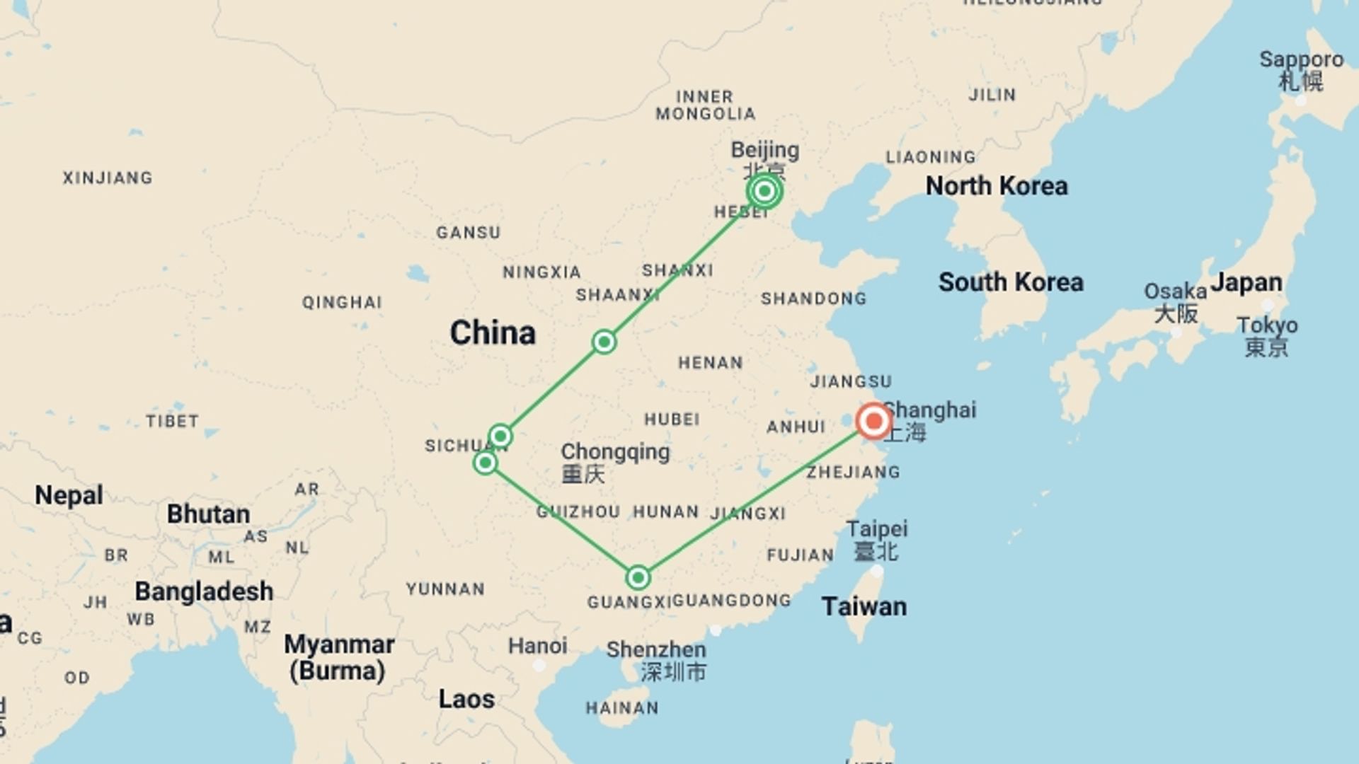A map showing the tour itinerary for the trip: Highlights of China, starting in Beijing, China and ending in Shanghai, China going through 4 other destinations.