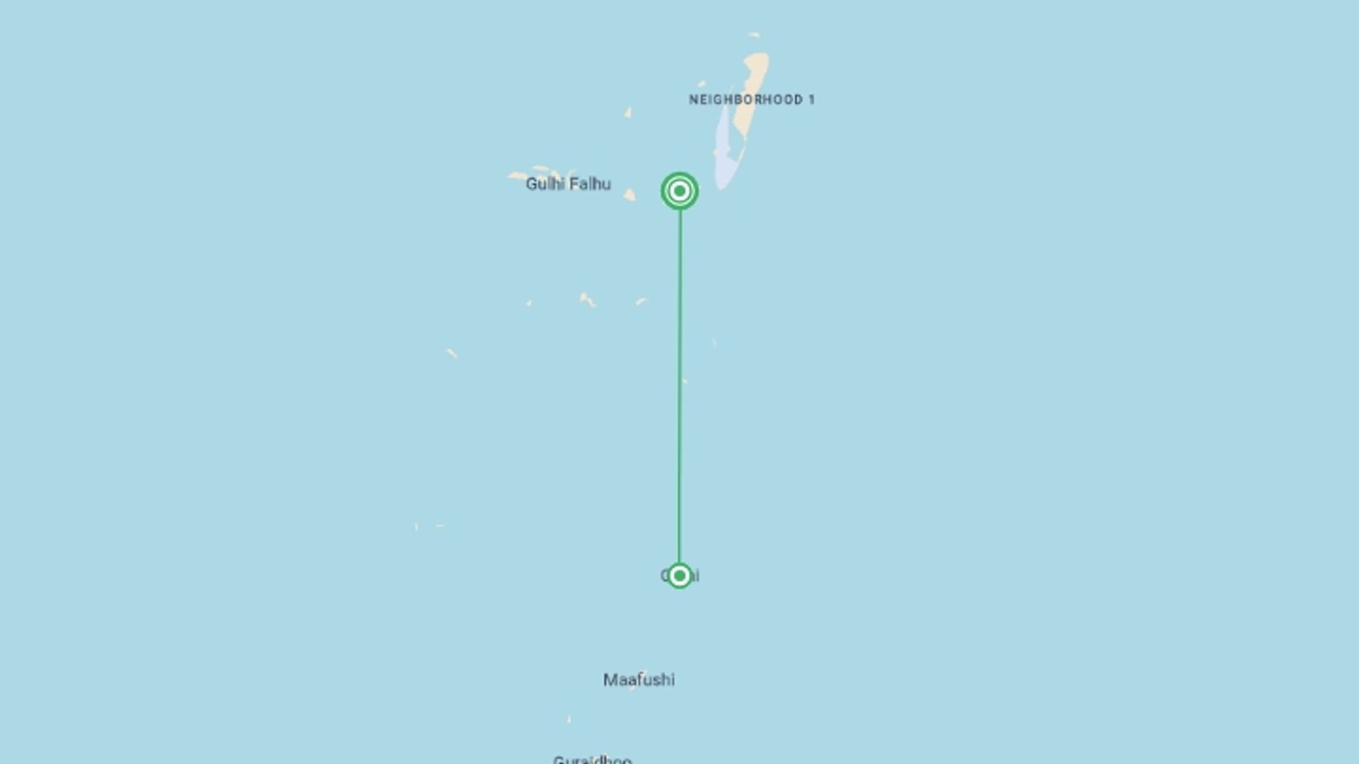 A map showing the tour itinerary for the trip: Maldives Gulhi Explorer - 5 days, starting in Male, Maldives and ending in Male, Maldives going through 1 other destinations.