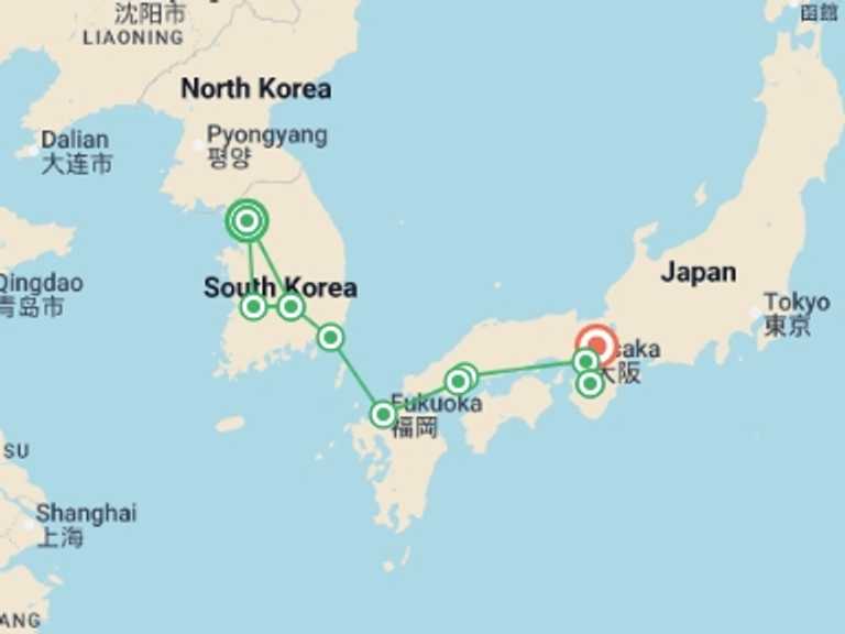 Map itinerary of Asia Tour in July 2026 with 7 destination visits for the trip: Journey from Seoul to Kyoto