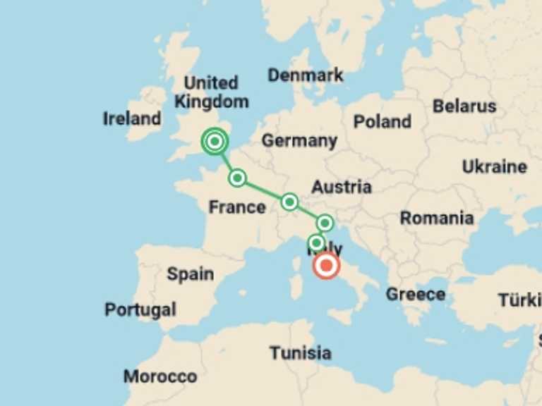 Map itinerary of Mediterranean Tour in July 2026 with 6 destination visits for the trip: London to Rome Highlights