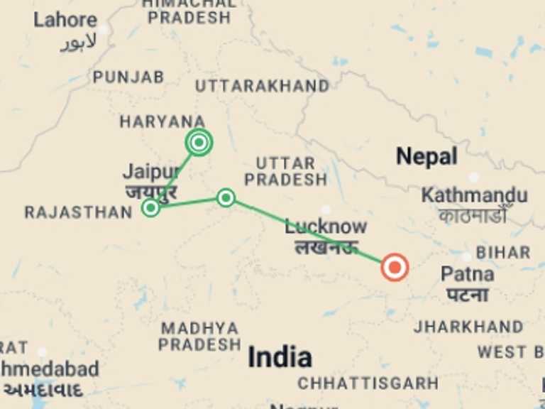 Map itinerary of India Tour in September 2027 with 5 destination visits for the trip: North India Food Adventure Tour