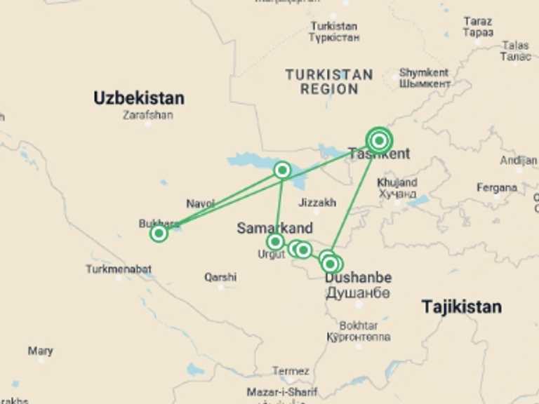 Map itinerary of Uzbekistan Tour in September 2025 with 9 destination visits for the trip: Fann Mountains Trek & Silk Road Cities