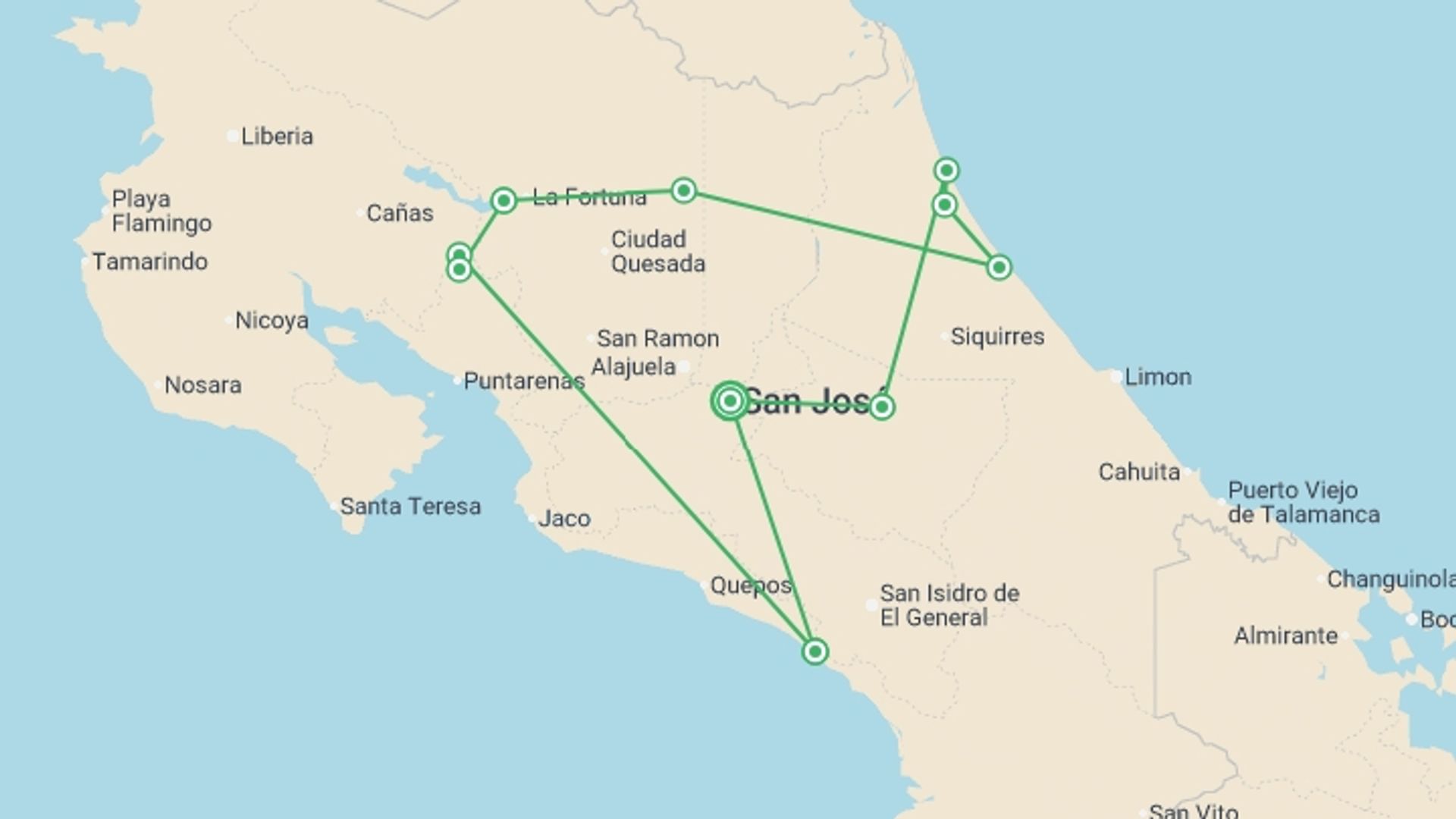 A map showing the tour itinerary for the trip: Family Costa Rica Rainforest and Wildlife Adventure, starting in San Jose, Costa Rica and ending in San Jose, Costa Rica going through 8 other destinations.