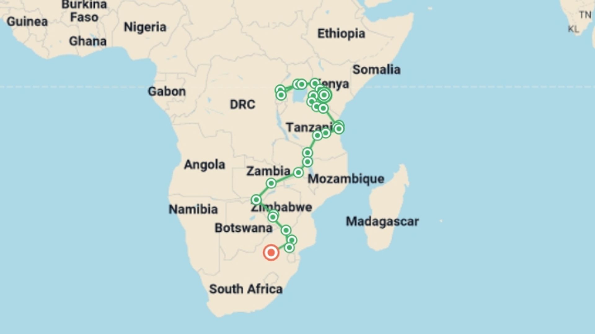 A map showing the tour itinerary for the trip: 46-day Gorillas to Victoria Falls  Kruger Camping, starting in Nairobi, Kenya and ending in Pretoria, South Africa going through 25 other destinations.
