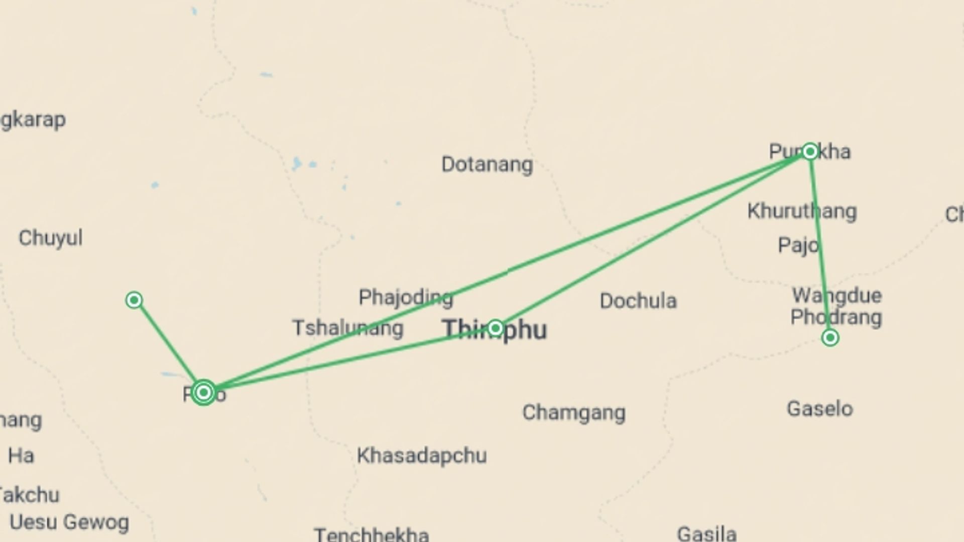 A map showing the tour itinerary for the trip: Bhutan, 8 Days Tour (on Request), starting in Paro, Bhutan and ending in Paro, Bhutan going through 3 other destinations.