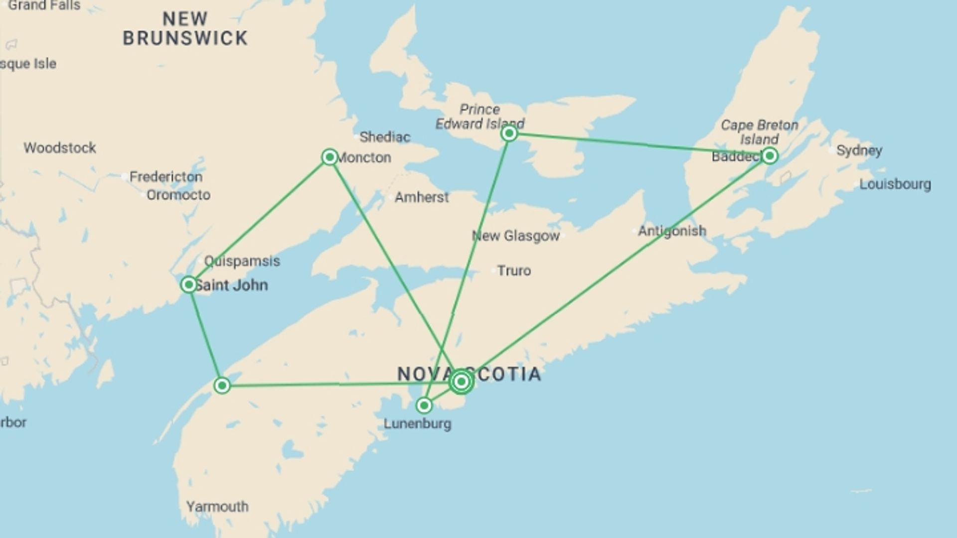 A map showing the tour itinerary for the trip: Highlights of The Maritimes (Small Group) - 13 days, starting in Halifax, Canada and ending in Halifax, Canada going through 6 other destinations.