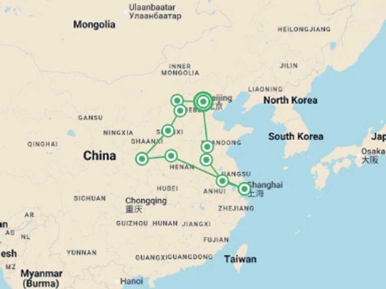 Map itinerary of Asia Tour in February 2027 with 10 destination visits for the trip: Great China