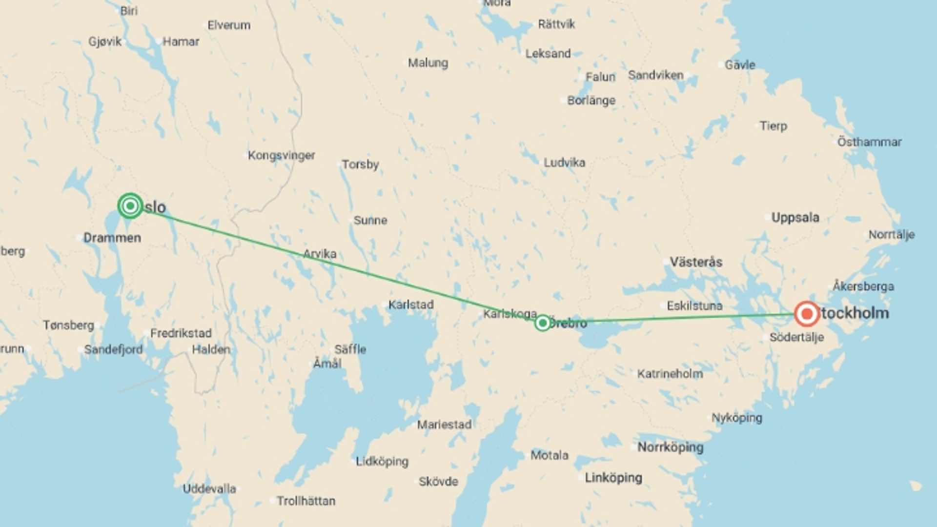 A map showing the tour itinerary for the trip: Pearls of Northern Europe, starting in Oslo, Norway and ending in Stockholm, Sweden going through 0 other destinations.