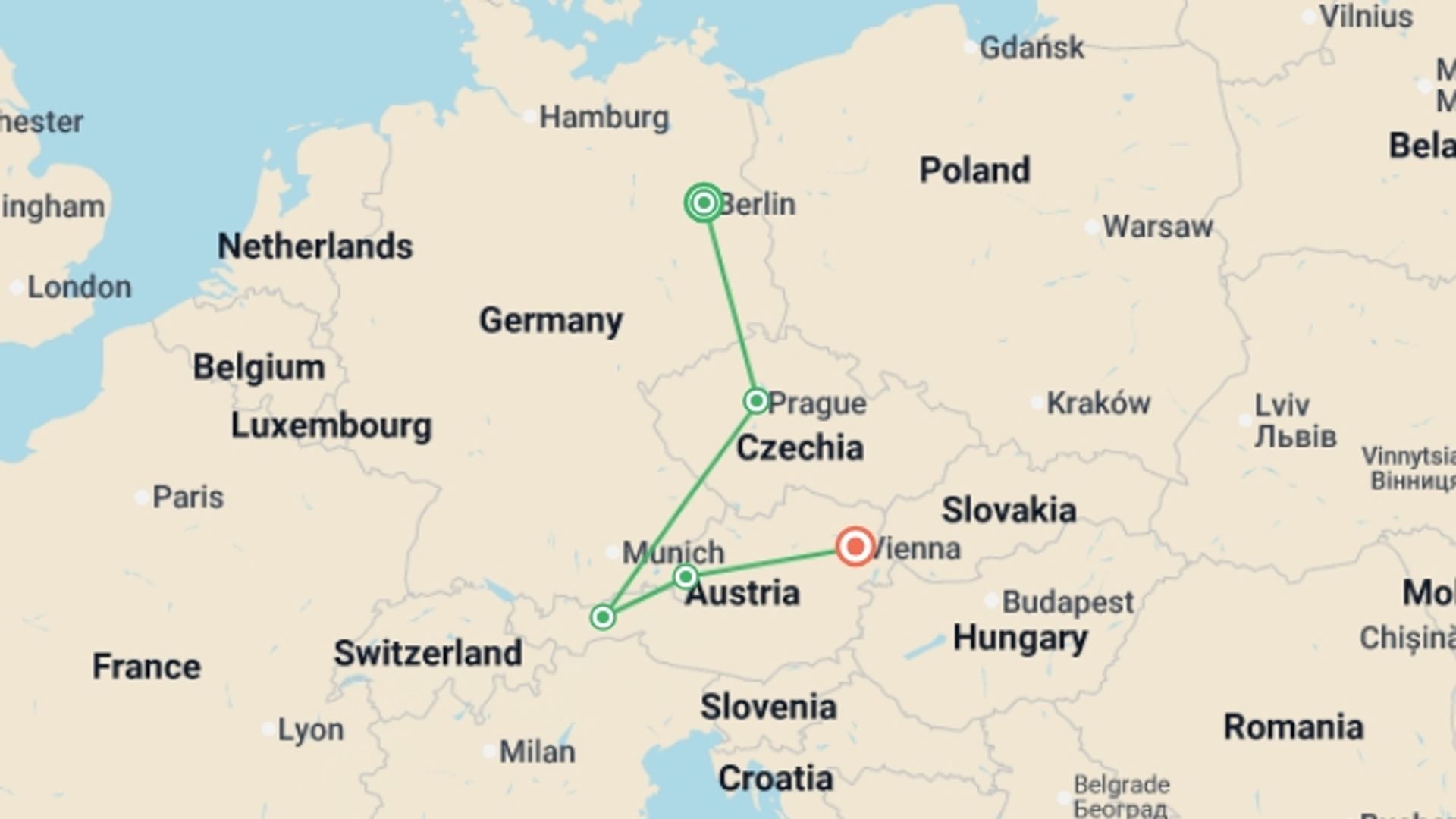 A map showing the tour itinerary for the trip: Three Capitals, starting in Berlin, Germany and ending in Vienna, Austria going through 3 other destinations.