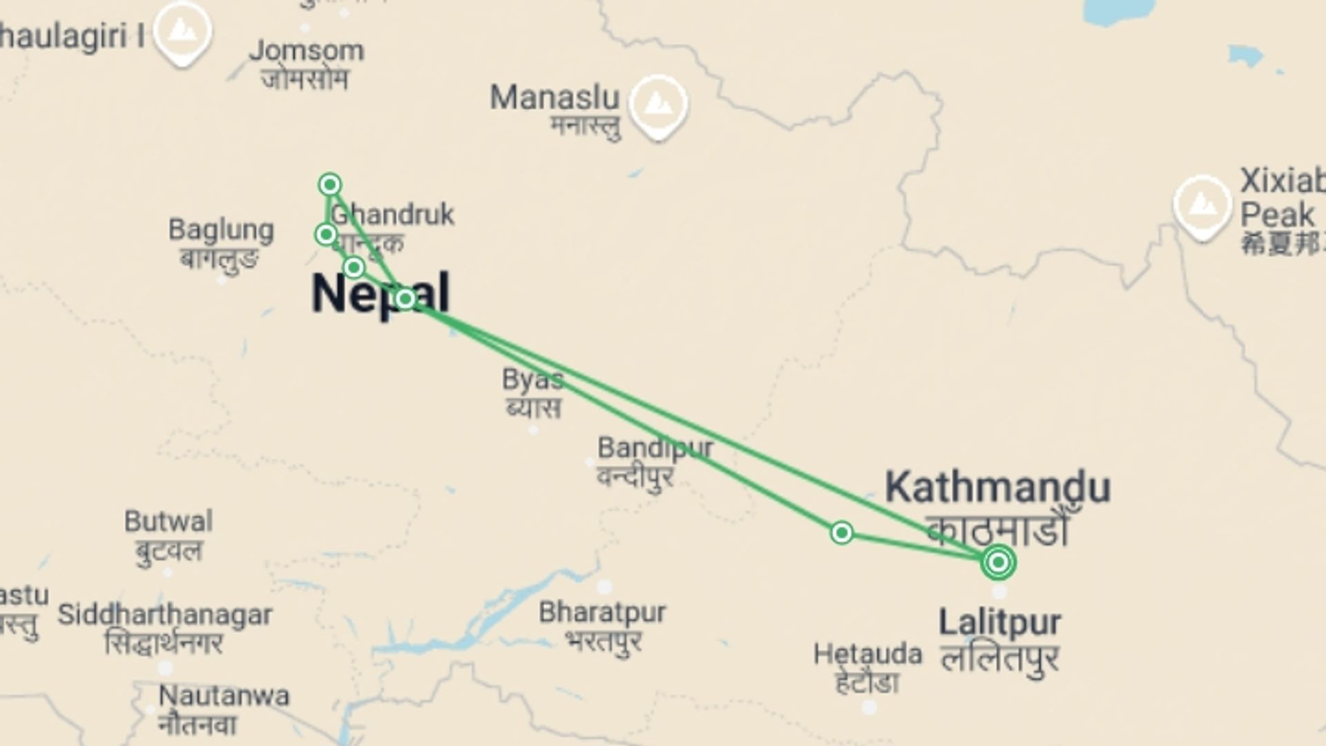 A map showing the tour itinerary for the trip: Essential Nepal, starting in Kathmandu, Nepal and ending in Kathmandu, Nepal going through 5 other destinations.