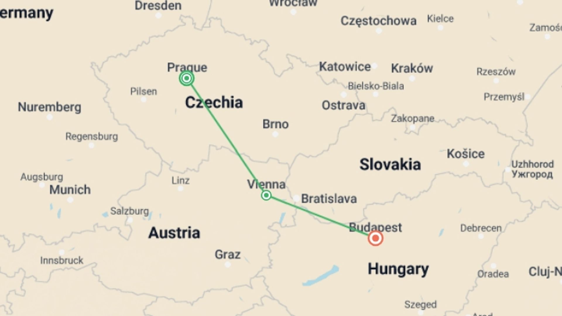A map showing the tour itinerary for the trip: Journey to Prague, Vienna & Budapest, starting in Prague, Czech Republic and ending in Budapest, Hungary going through 1 other destinations.
