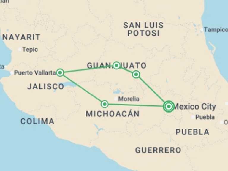 Map itinerary of North America Tour in February 2027 with 5 destination visits for the trip: Corners of Mexico