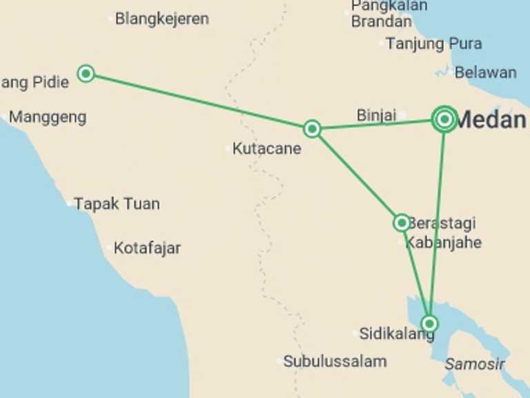 Map itinerary of Indonesia Tour in April 2027 with 5 destination visits for the trip: Sumatra Adventure