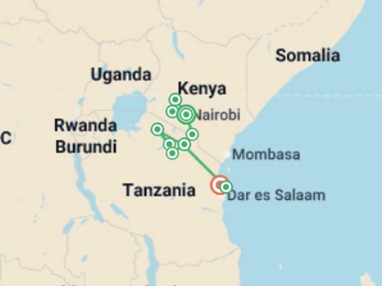 Map itinerary of Nairobi Tour in September 2026 with 10 destination visits for the trip: East Africa: Kenya, Tanzania & Zanzibar's Beaches