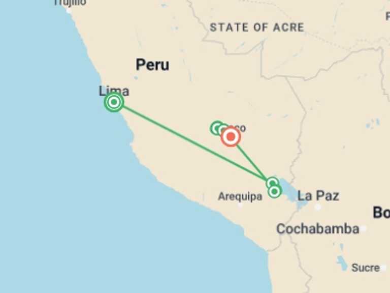 Map itinerary of Lima Tour in September 2025 with 8 destination visits for the trip: Walk Peru's Inca Trail and Palccoyo Rainbow Mountain