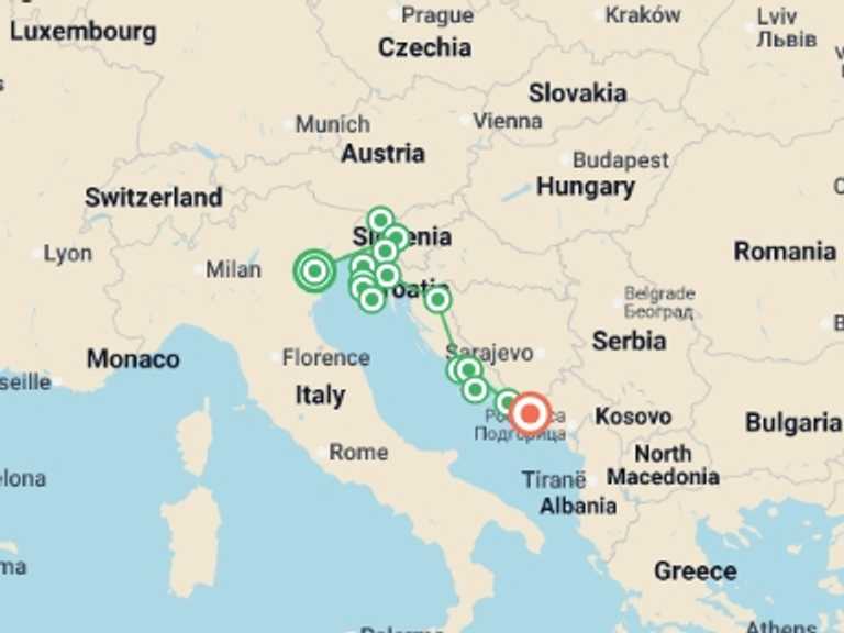 Map itinerary of Balkans Tour in October 2026 with 7 destination visits for the trip: Venice to Dalmatia (Superior)  - 13 days