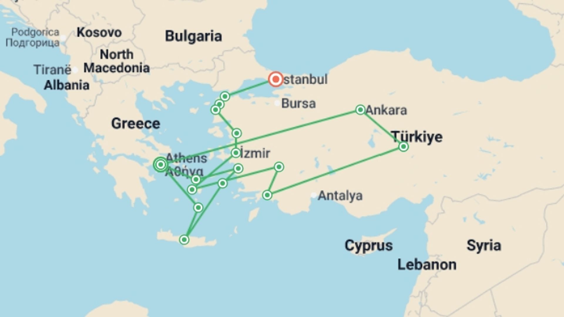 A map showing the tour itinerary for the trip: Best Of Greece And Turkey With 3-day Cruise (small Group), starting in Athens, Greece and ending in Istanbul, Turkey going through 9 other destinations.