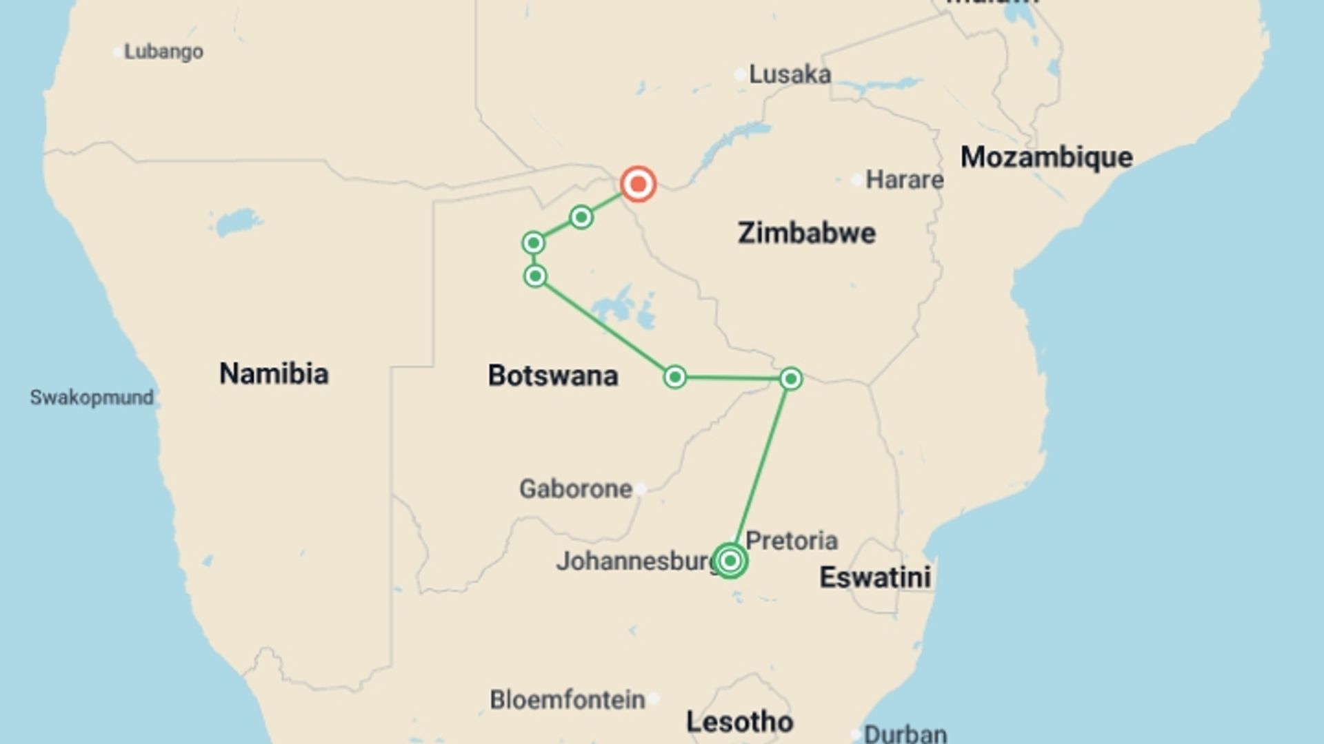 A map showing the tour itinerary for the trip: Botswana Adventure & Falls Northbound - 12 days, starting in Johannesburg, South Africa and ending in Victoria Falls, Zimbabwe going through 5 other destinations.