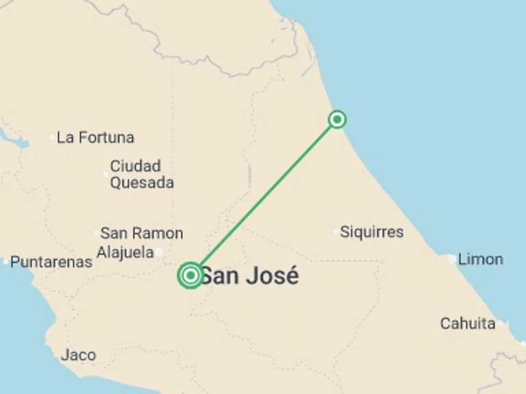Map itinerary of San Jose Tour in August 2026 with 3 destination visits for the trip: Tortuguero National Park Adventure 4D/3N