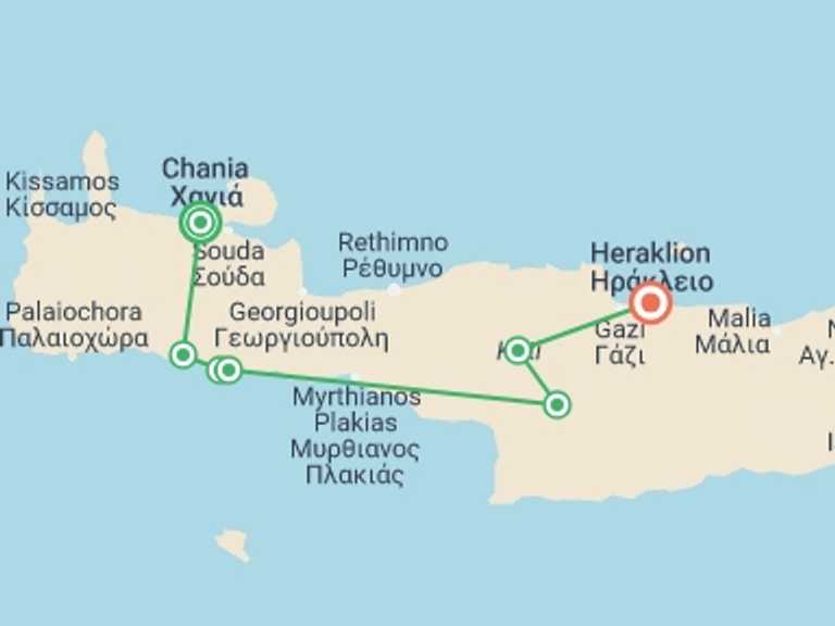 Map of a Cultural, religious and historic sites Tour with 7 destination visits for the trip: Walking in Crete