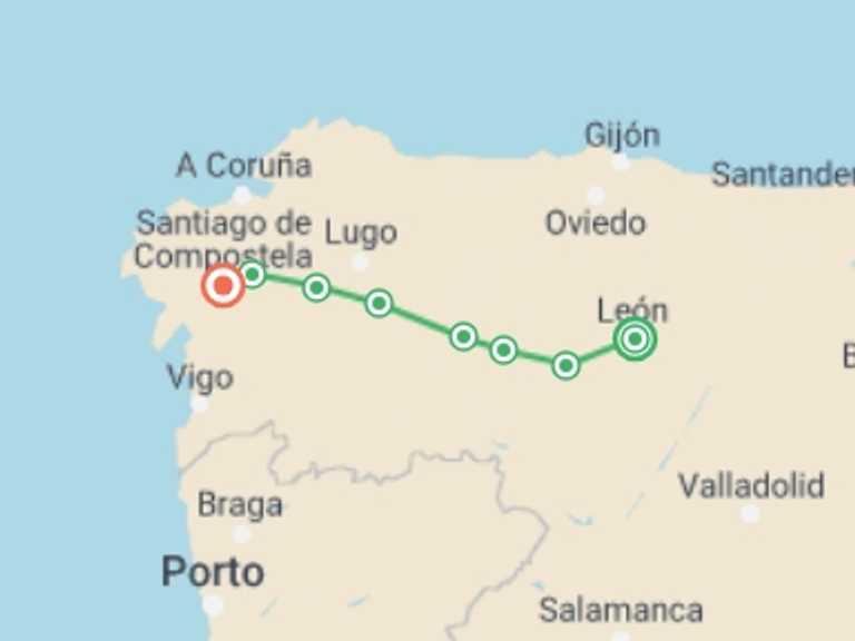 Map itinerary of Santiago De Compostela Tour in September 2025 with 8 destination visits for the trip: Cycling the Camino de Santiago