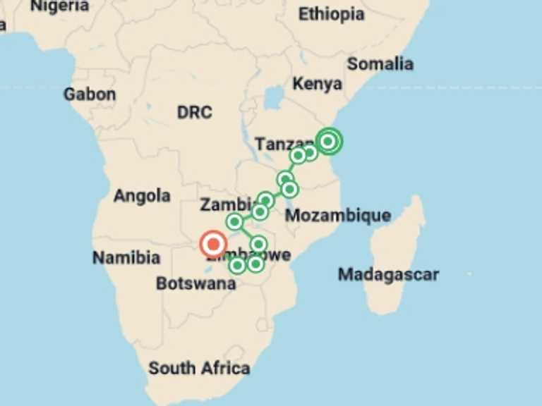 Map of a Waterfalls Tour with 13 destination visits for the trip: Zanzibar to Vic Falls