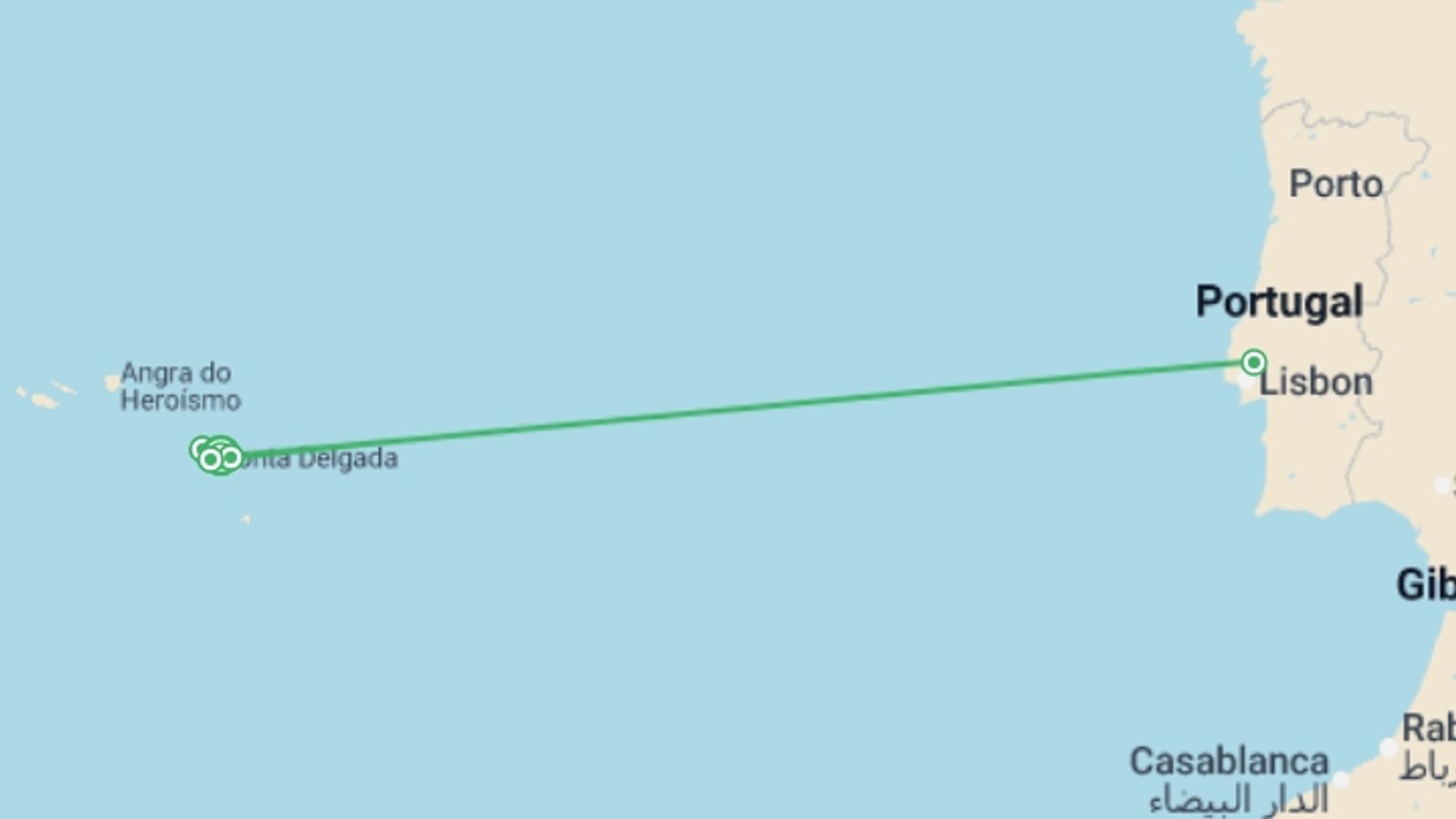 A map showing the tour itinerary for the trip: Azores Adventure, starting in Sao Miguel, Portugal and ending in Sao Miguel, Portugal going through 4 other destinations.
