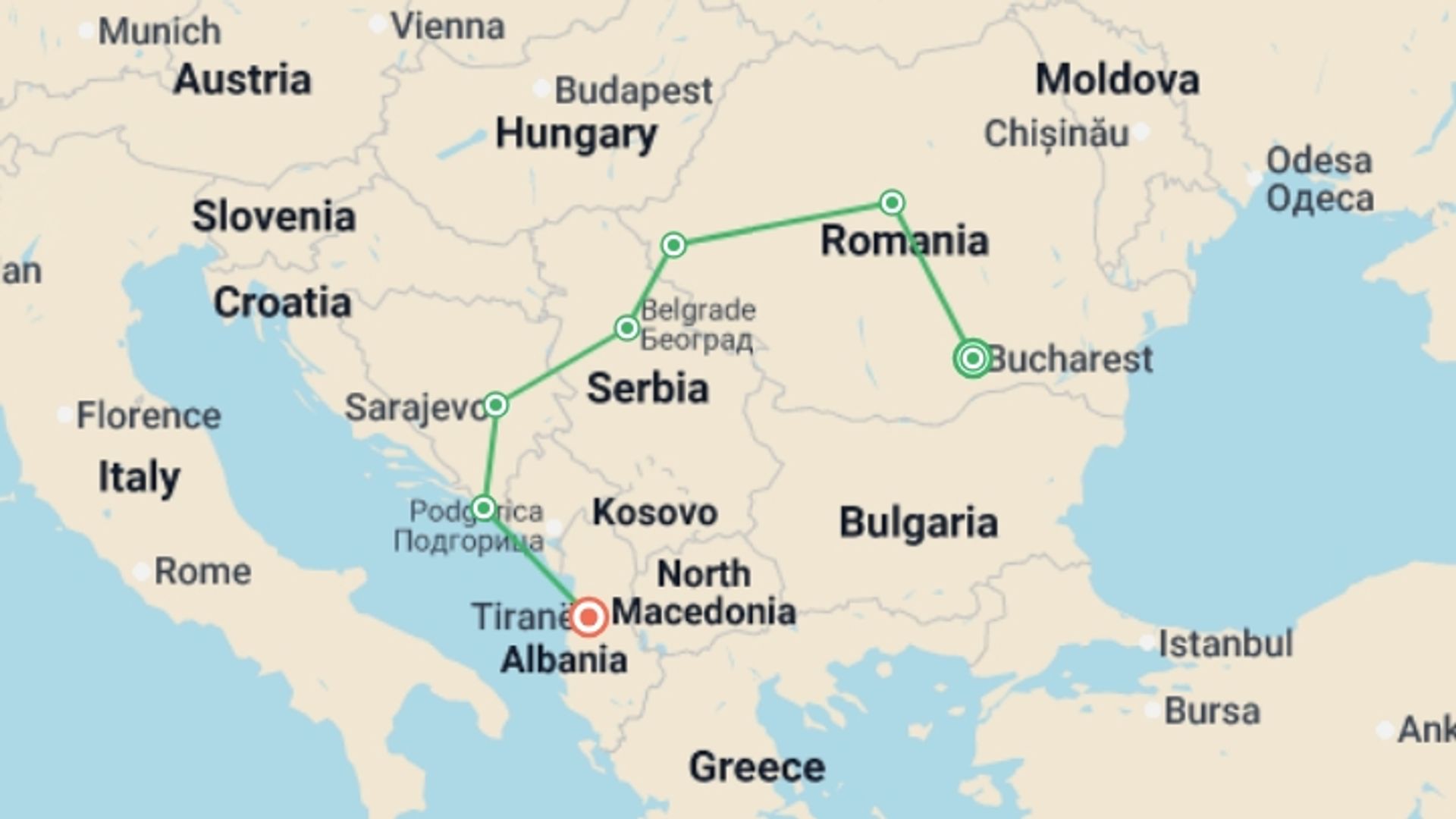 A map showing the tour itinerary for the trip: Balkan´s Route, starting in Bucharest, Romania and ending in Tirana, Albania going through 5 other destinations.
